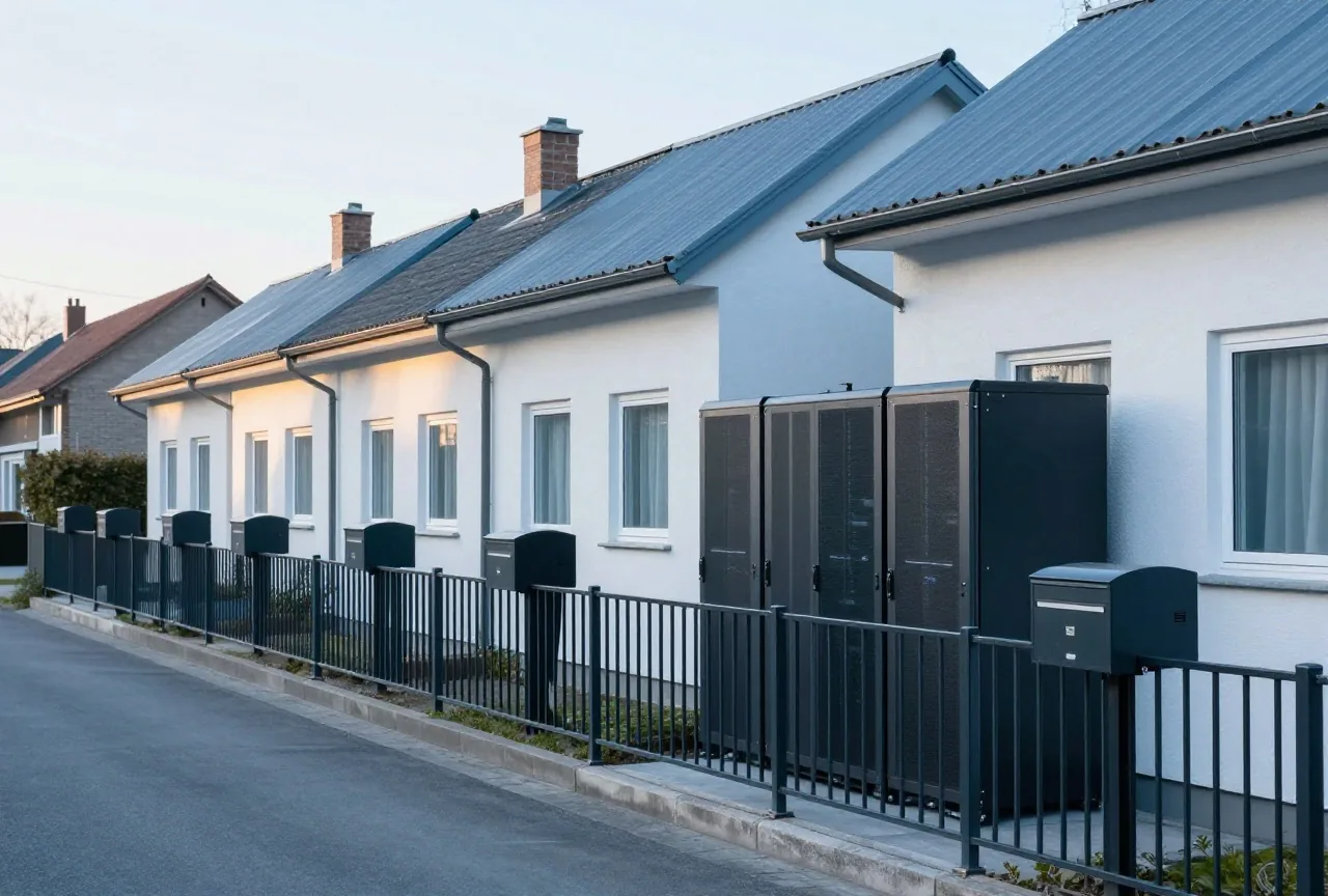 Reihe kleiner Häuser mit eigenen Briefkästen und Zäunen an einer ruhigen Straße am Morgen