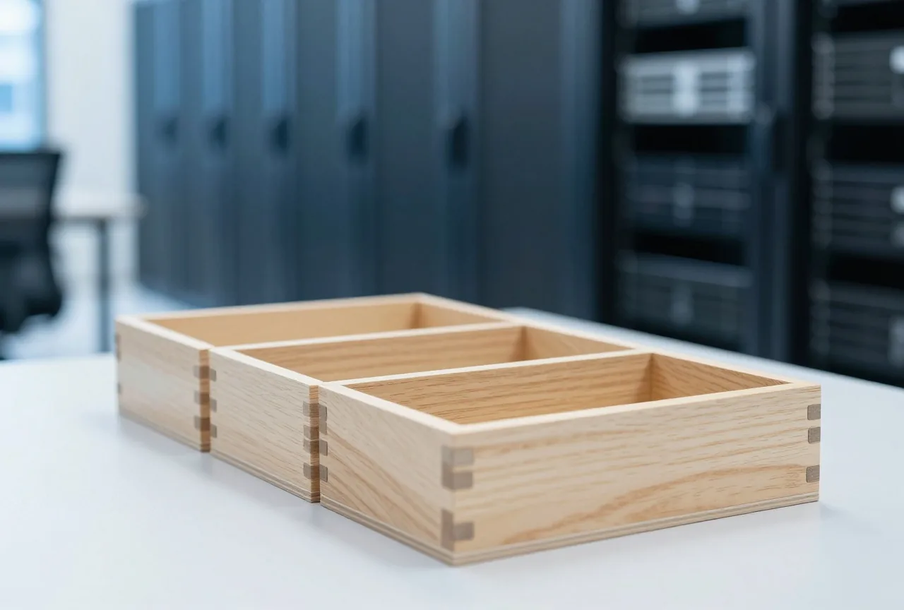 Ineinander gesetzte Holzkisten in abnehmender Größe auf einem Tisch im weichen Seitenlicht