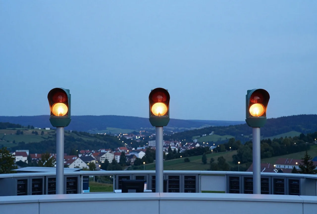 Drei Signallaternen auf Hügeln in der Abenddämmerung, die nacheinander entlang eines Tals leuchten