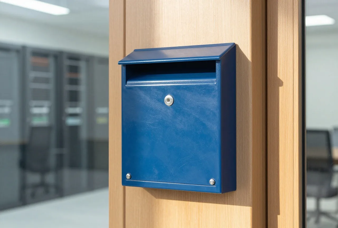 Metallener Briefkasten neben einer hölzernen Haustür im Morgenlicht