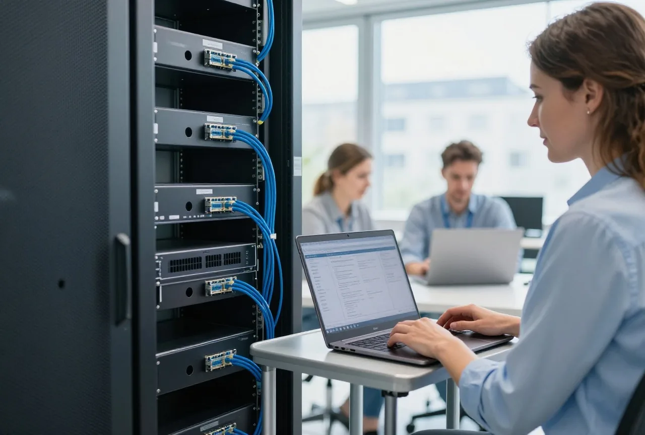 Eine Frau in den Dreißigern arbeitet an einem Serverschrank in einem hellen Büro, daneben ein Laptop auf einem Rollwagen