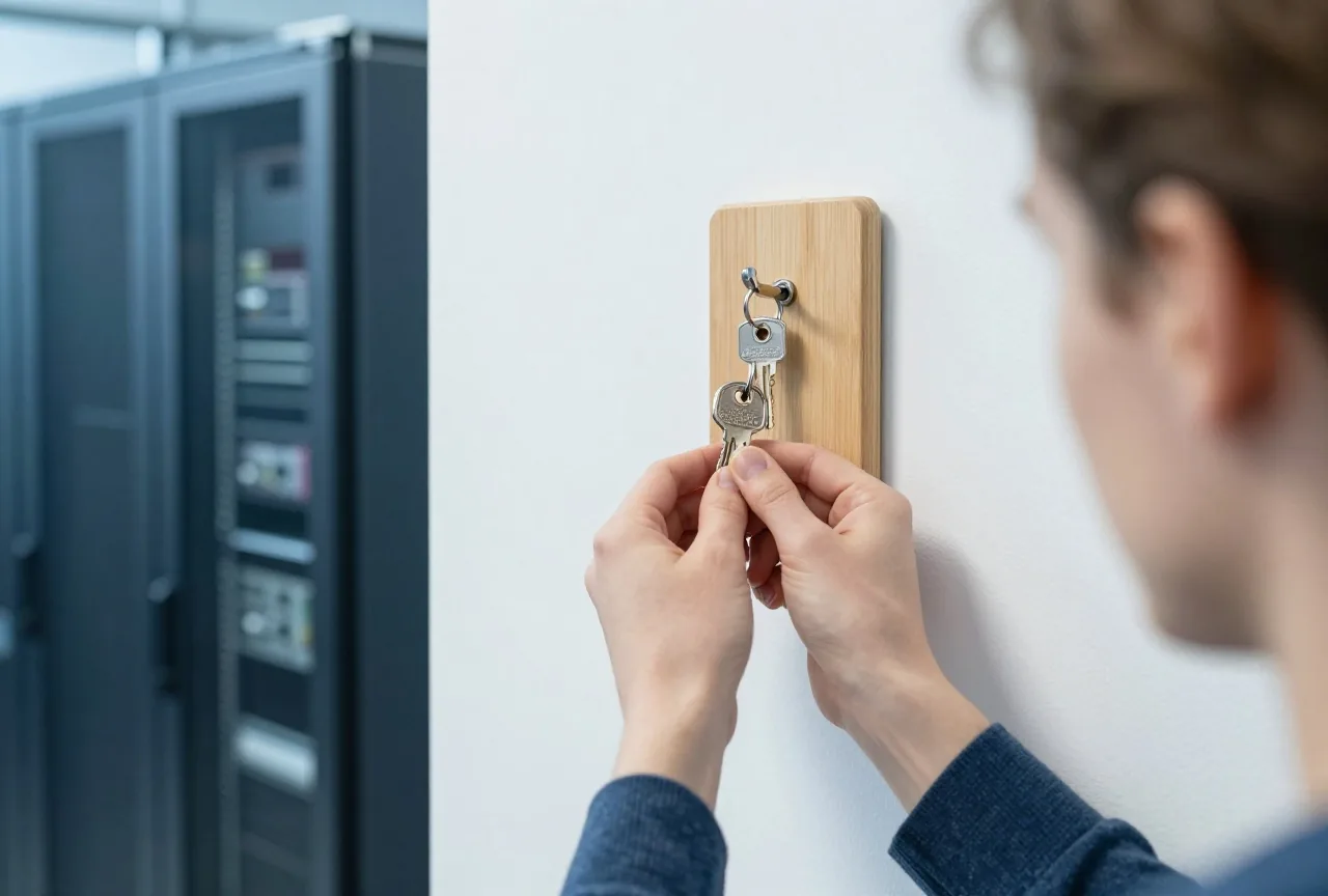 Eine Hand hängt einen neuen Schlüssel neben einen alten an ein Schlüsselbrett aus Holz an einer weißen Wand
