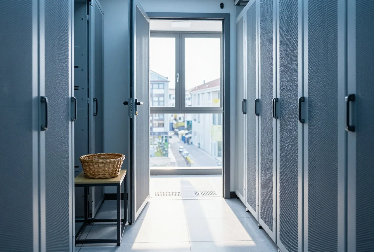 Eine offene Haustür und ein kleiner leerer Briefkorb auf einem Beistelltisch in einem hellen Flur