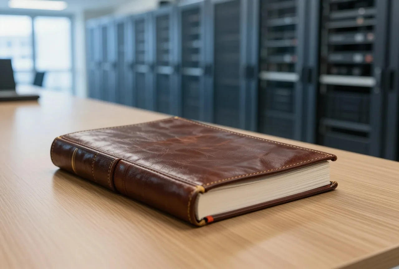 Dickes geschlossenes Register mit Ledereinband auf einem hölzernen Pult in einer ruhigen Bibliothek bei Lampenlicht