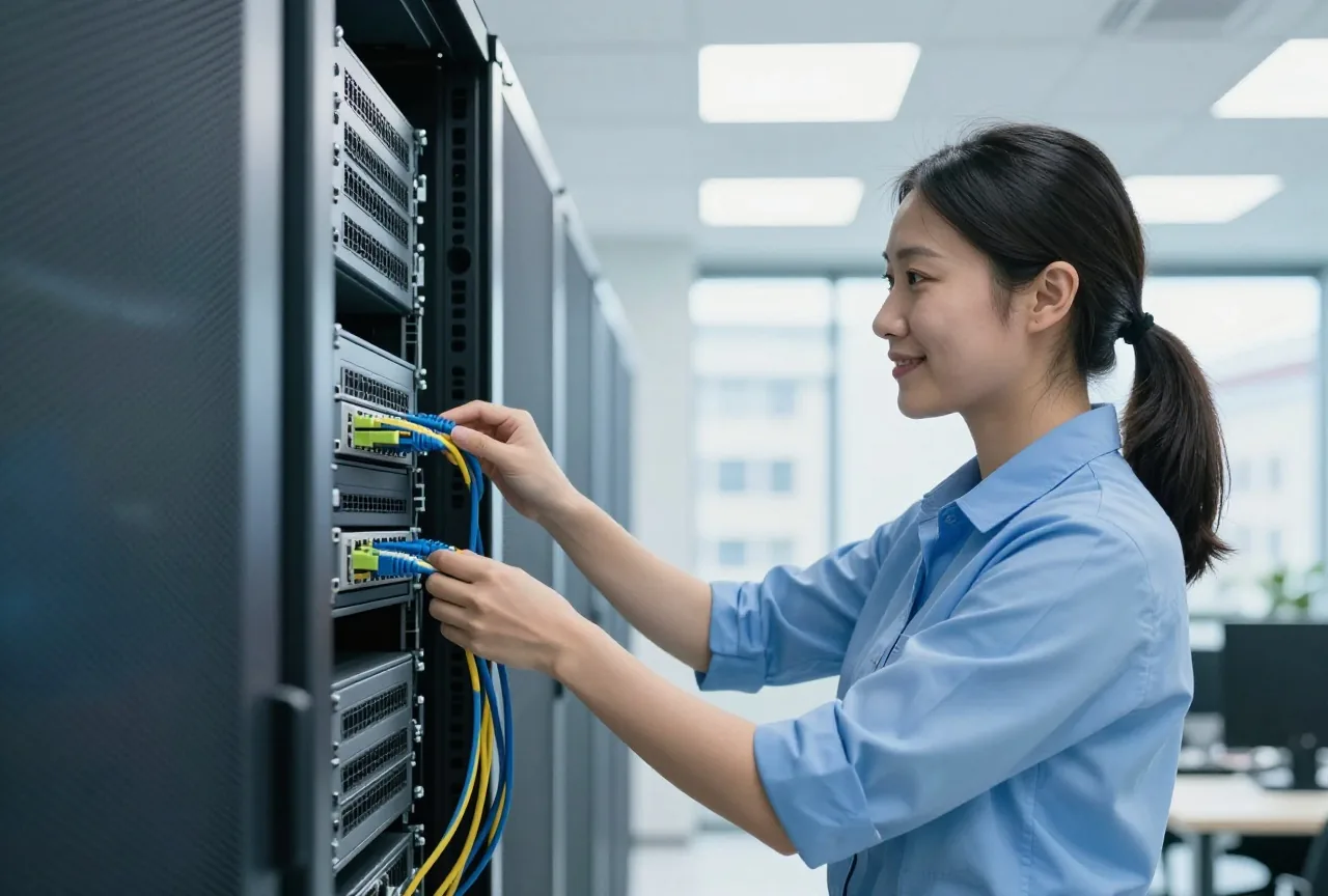 Eine Technikerin um die dreißig steckt ein Netzwerkkabel in einen Serverschrank, von der Seite gesehen