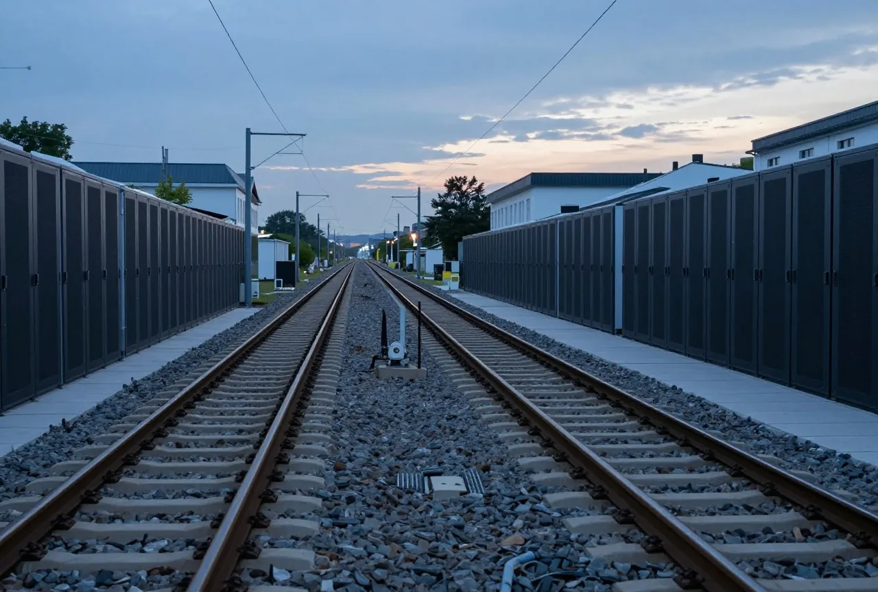 Eine Weiche auf leeren Bahngleisen auf dem Land in der Dämmerung, die Schienen teilen sich in zwei Richtungen