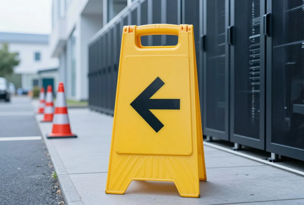 Eine gelbe Umleitungstafel mit Pfeil vor einer gesperrten Straße mit Leitkegeln am Morgen