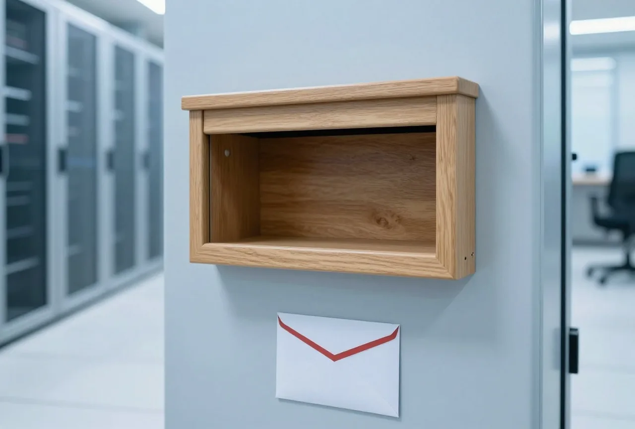 Ein leerer Briefkastenschlitz in einem Altbauflur, darunter liegt ein unbeschrifteter Umschlag auf dem Boden
