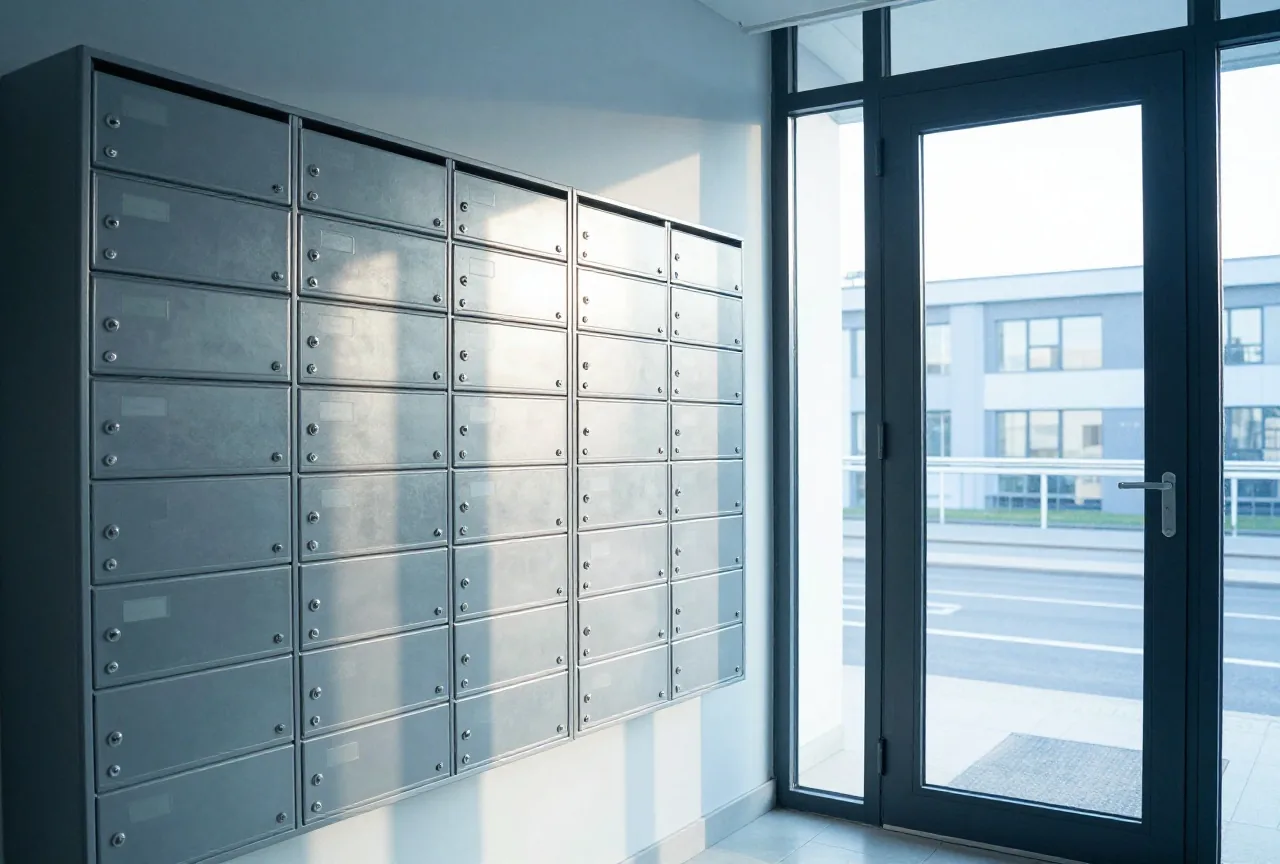 Ein Hauseingang mit einer Wand aus gleichen Metallbriefkästen ohne Namen im Morgenlicht