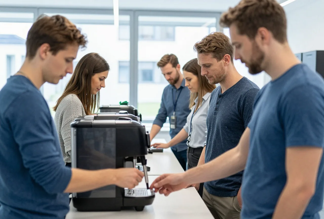 Mehrere Menschen in den Zwanzigern und Dreißigern teilen sich eine helle Büroküche mit langem Tisch