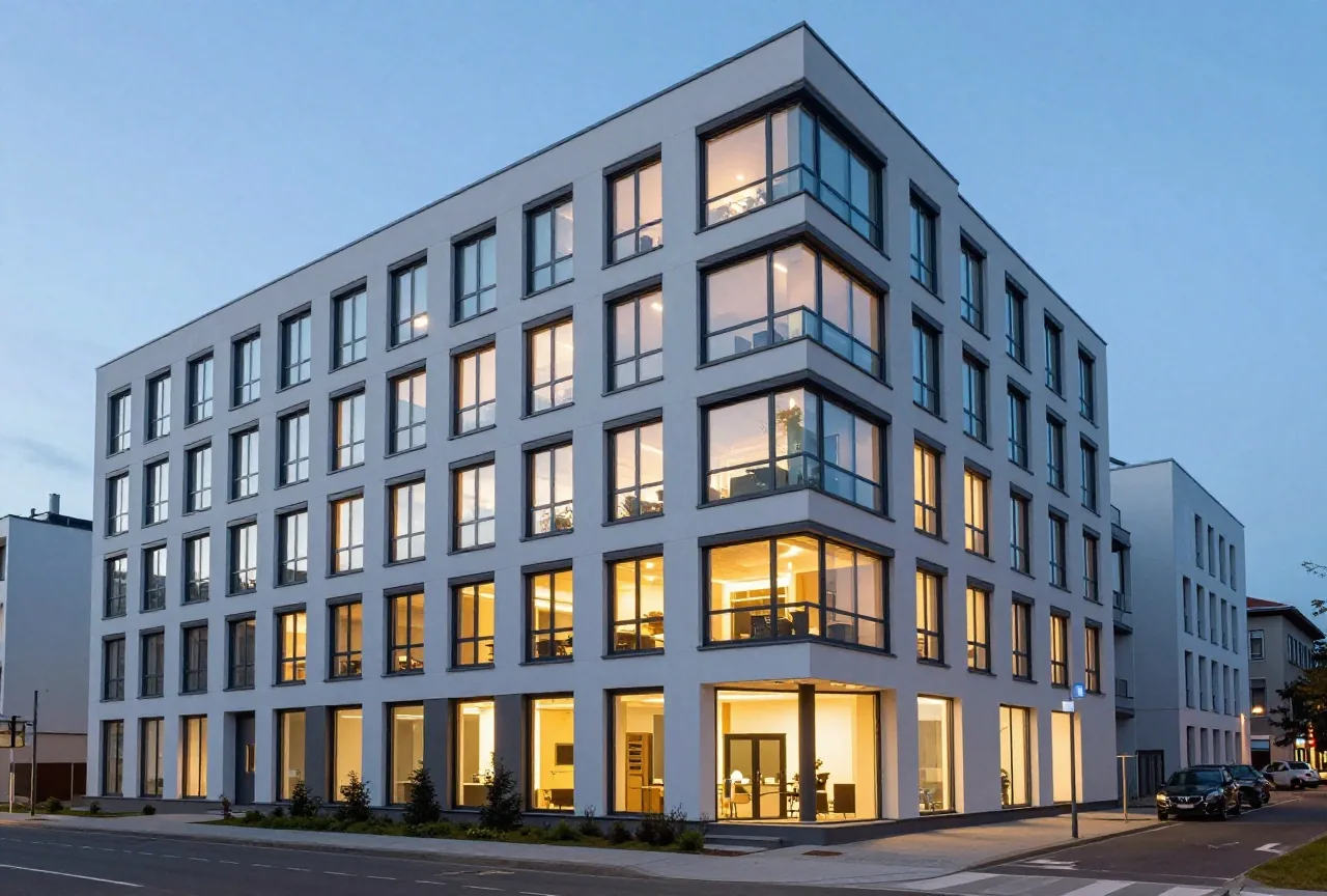 Ein großes modernes Wohnhaus in der Dämmerung mit vielen unterschiedlich beleuchteten Fenstern