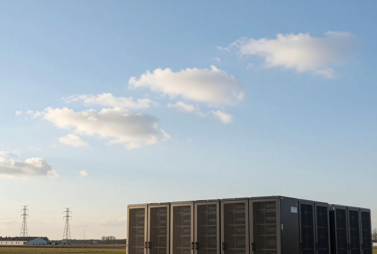 Ein weiter Himmel mit weißen Wolken über einer ländlichen Landschaft mit einigen Strommasten