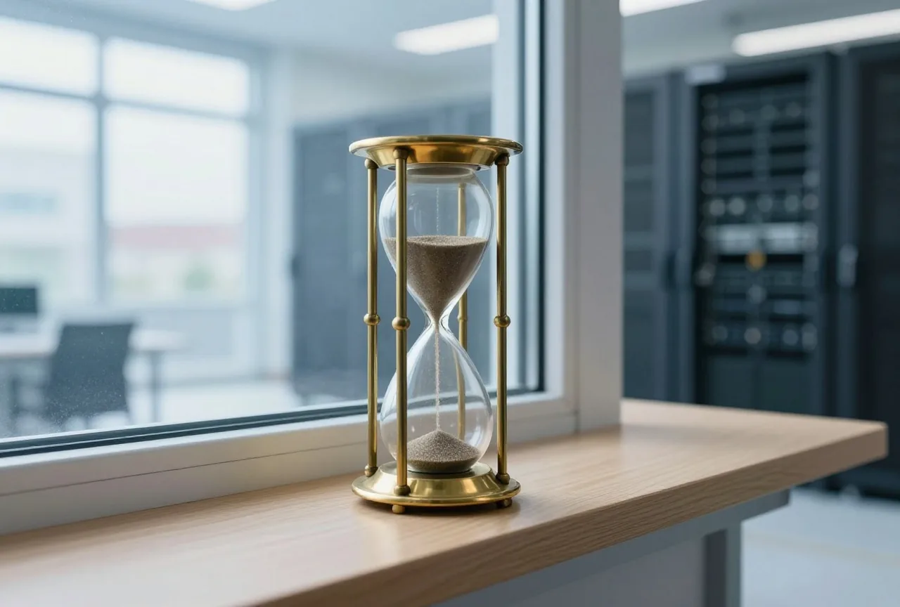 Eine Sanduhr aus Messing mit rinnendem Sand auf einer hölzernen Fensterbank im Morgenlicht