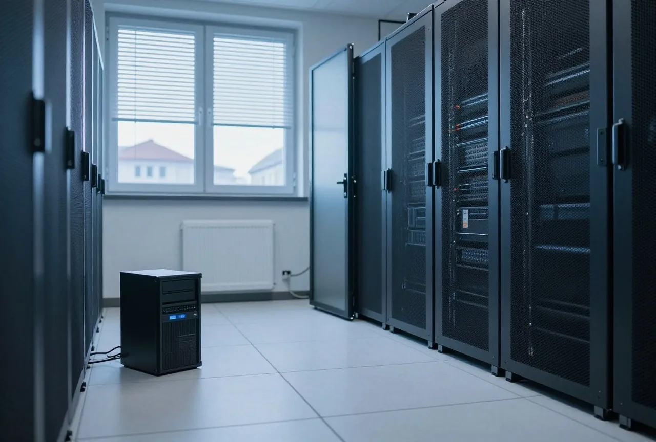 Ein leerer Büroraum mit einem abgesteckten Servergehäuse auf dem Boden und halb offener Tür am Abend