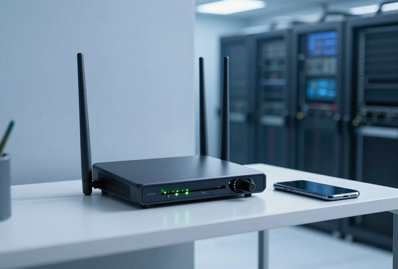 Ein WLAN-Router mit grünen Leuchten auf einem Regal, daneben ein umgedrehtes Smartphone in einem dunklen Raum