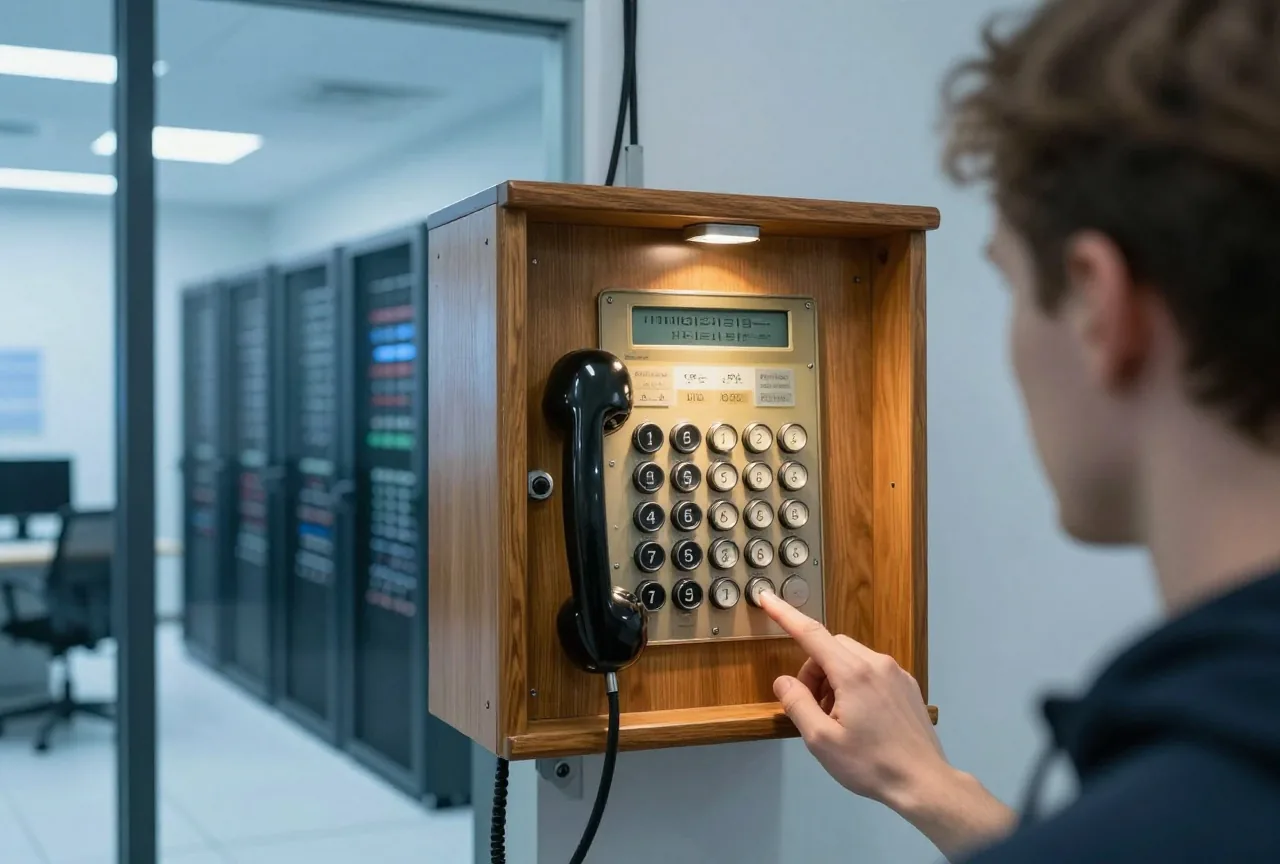 Eine alte hölzerne Telefonvermittlung mit gesteckten Kabeln in einem Museum unter warmem Licht