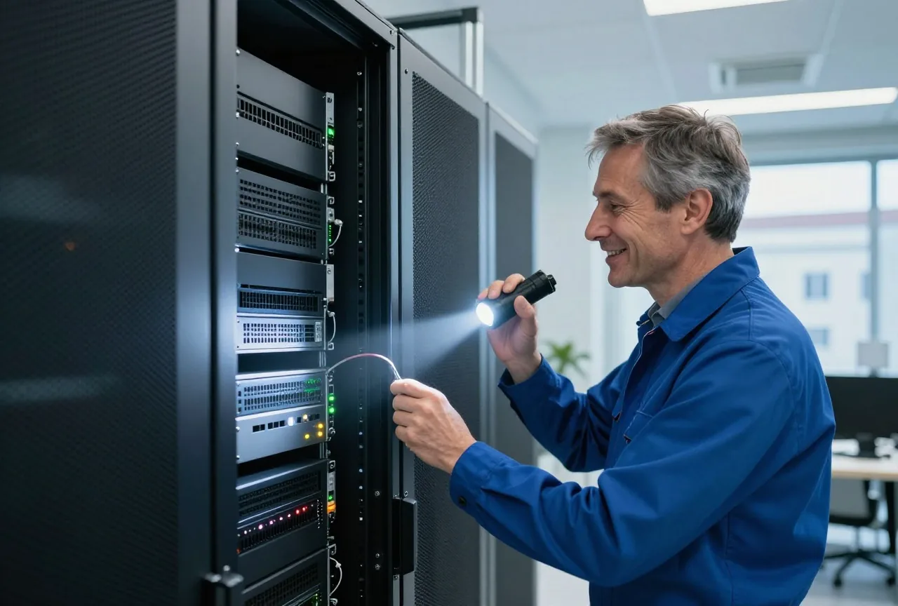 Ein Techniker in den Fünfzigern leuchtet mit einer Taschenlampe auf die Rückseite eines Serverschranks