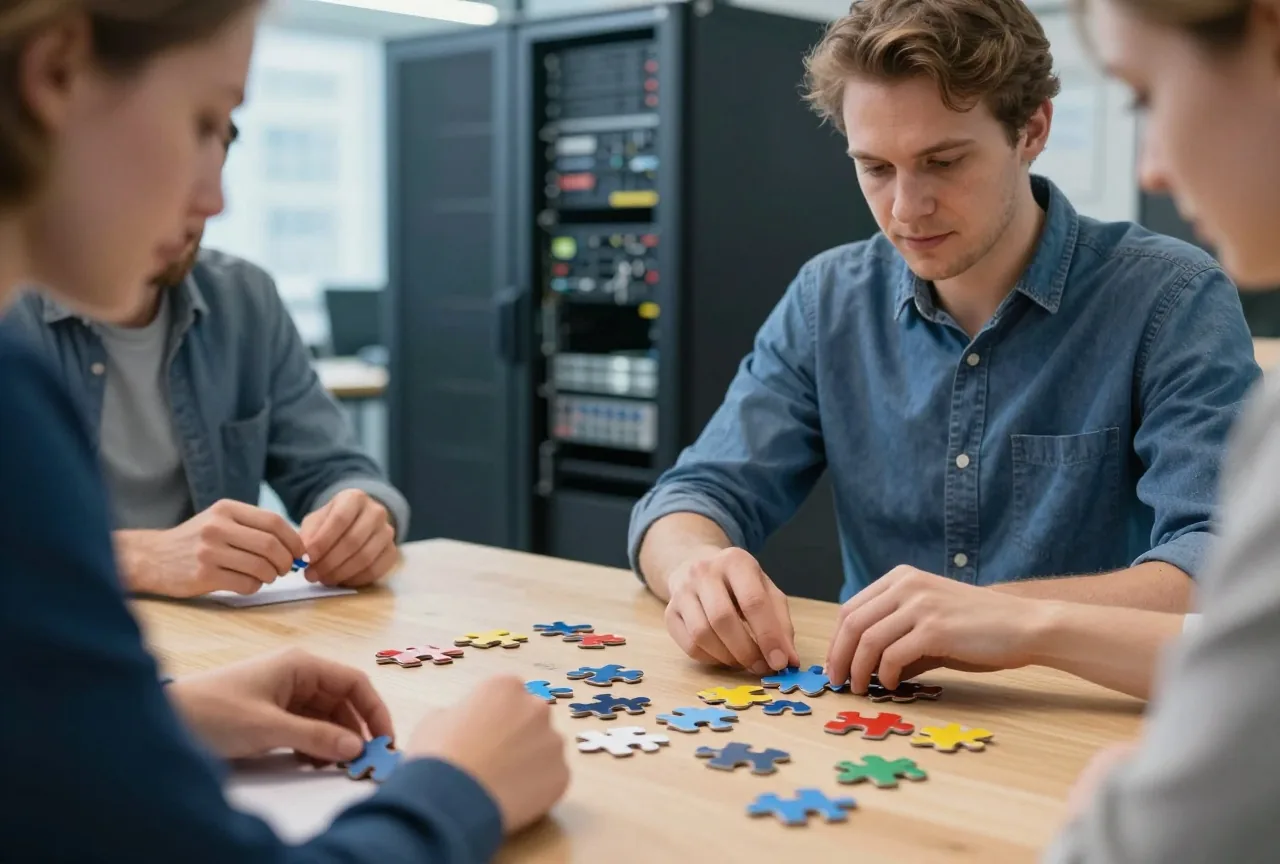Frau sortiert an einem Holztisch bunte Puzzleteile und legt einige unpassende zur Seite