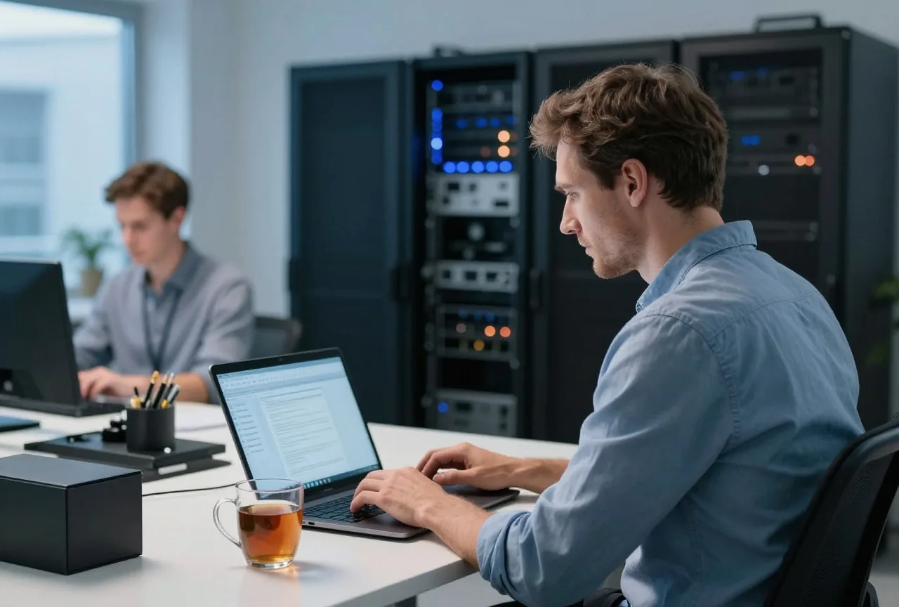 Mann tippt nachts im Arbeitszimmer an einem Laptop, daneben ein kleiner Server und eine Tasse Tee