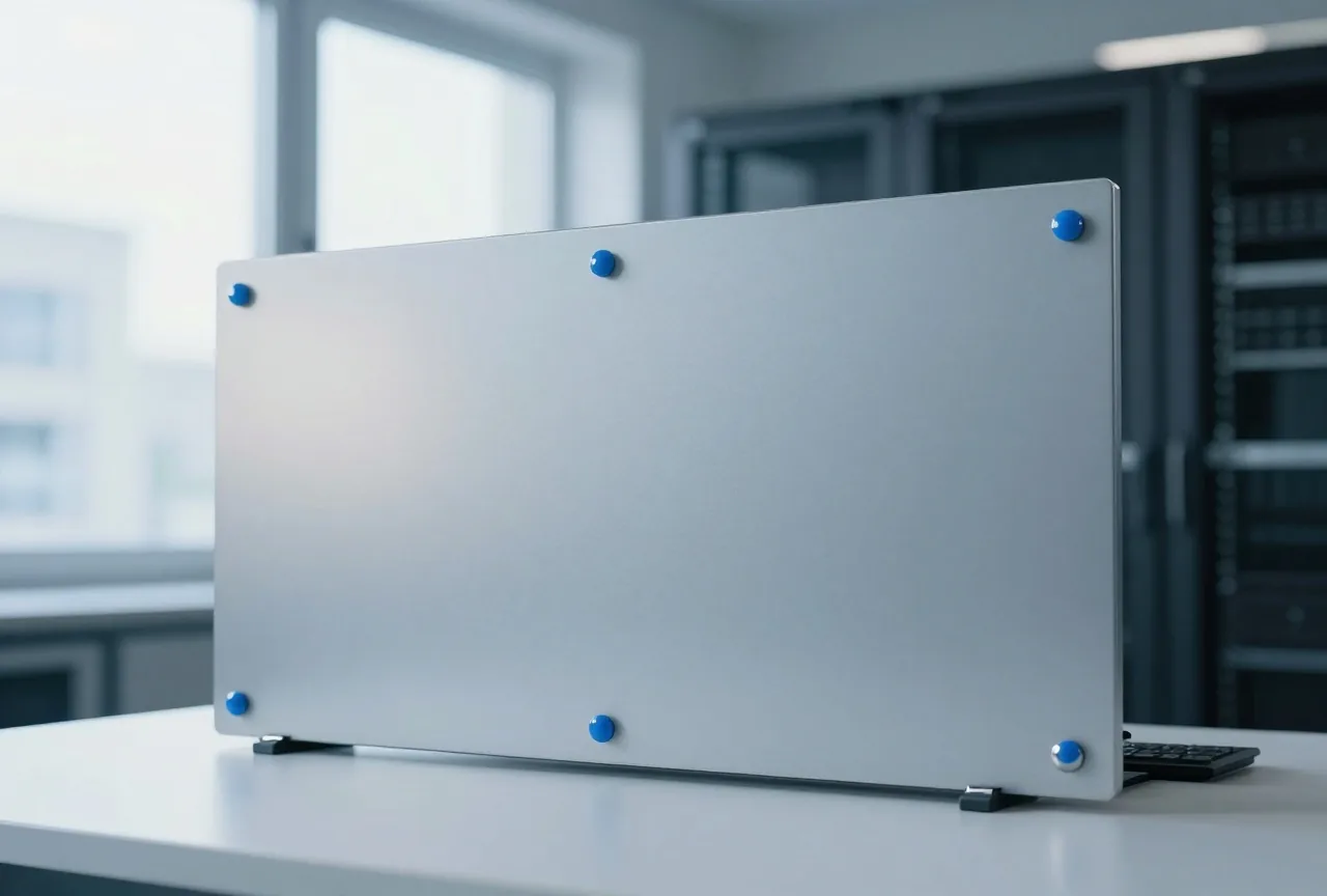 Wandkalender ohne Zahlen über einem Schreibtisch, einige Tage mit blauen Magnetnadeln markiert