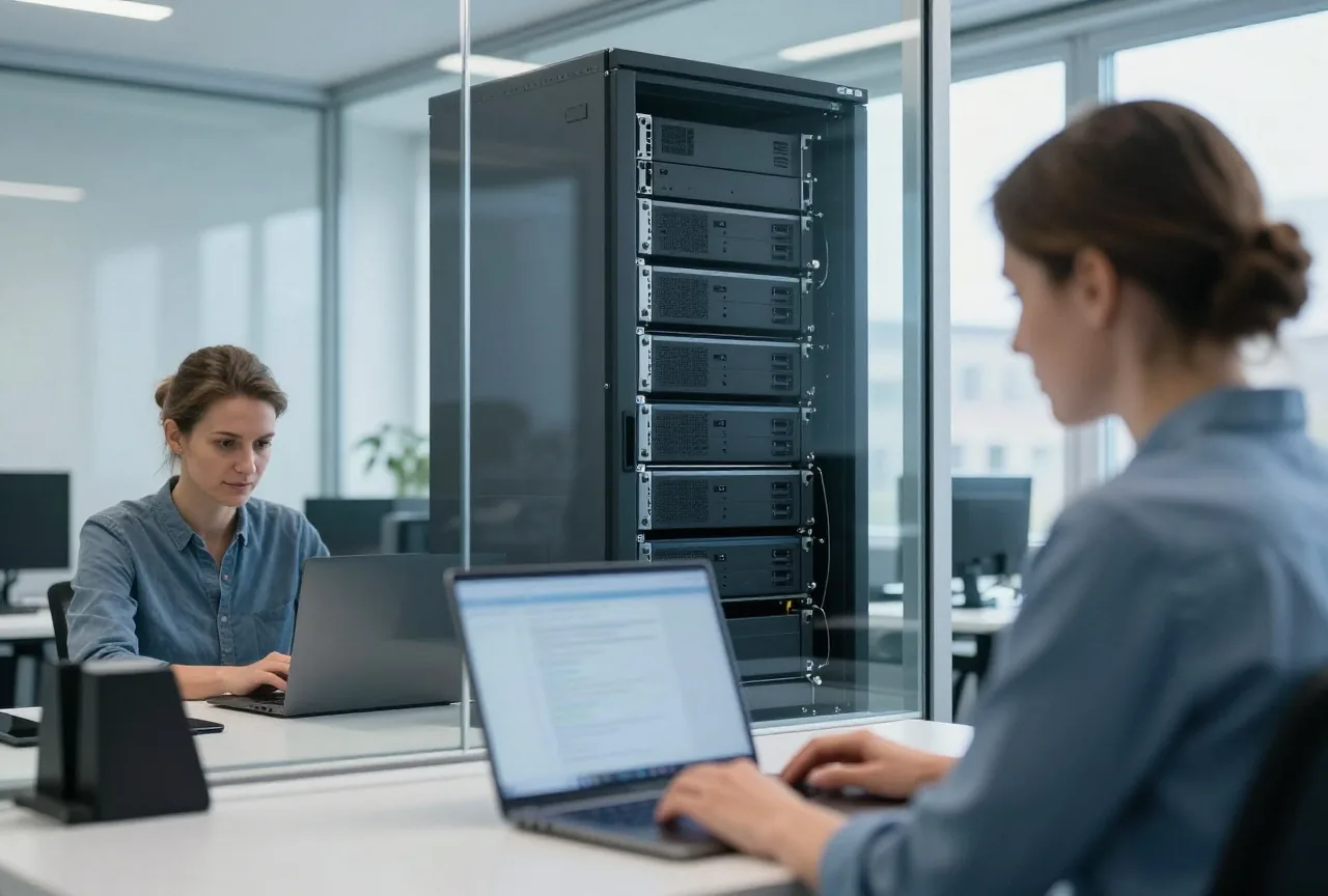 Frau arbeitet im Büro an einem Laptop, hinter einer Glaswand steht ein Serverschrank