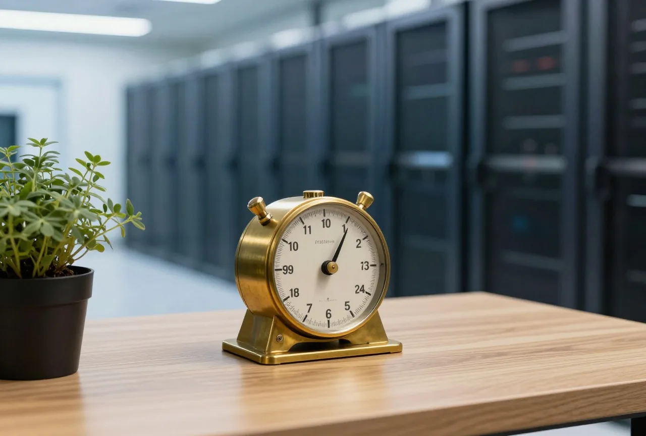 Eine alte mechanische Küchenuhr aus Messing neben einem Kräutertopf auf einem Holztisch