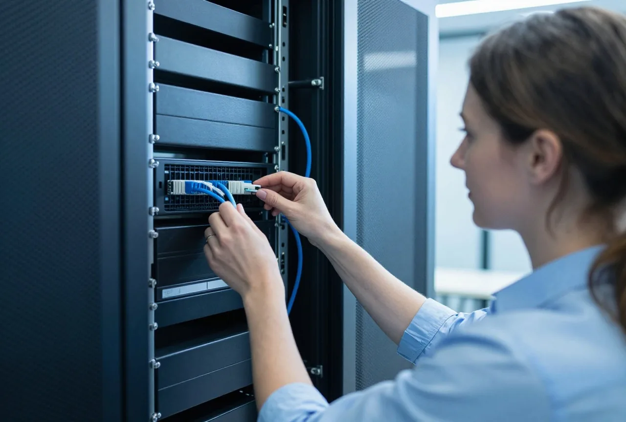 Eine Frau in den Dreißigern richtet in einem kleinen Serverraum ein Kabel am Rack, von hinten gesehen