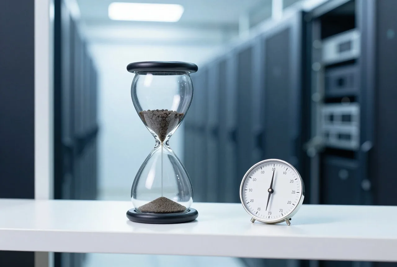 Eine analoge Wanduhr und ein Tischkalender nebeneinander auf einem weißen Regal im Morgenlicht