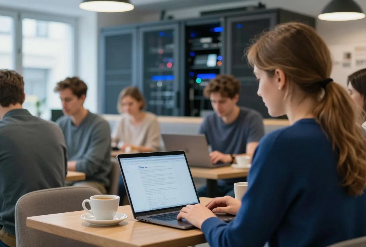 Eine Frau in den Zwanzigern sitzt mit einem Laptop in einem belebten Café, daneben eine Tasse Tee