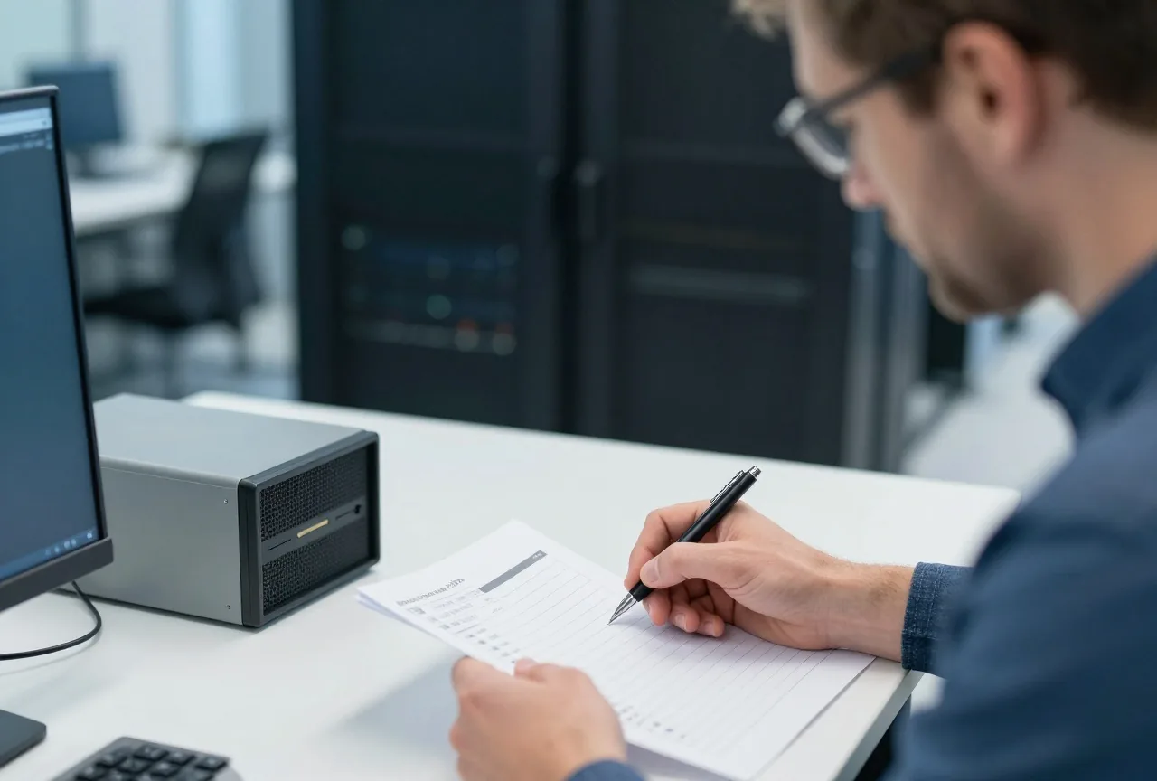Ein Mann in den Fünfzigern mit Lesebrille hakt auf einer Werkbank eine Liste ab, daneben ein kleiner Server