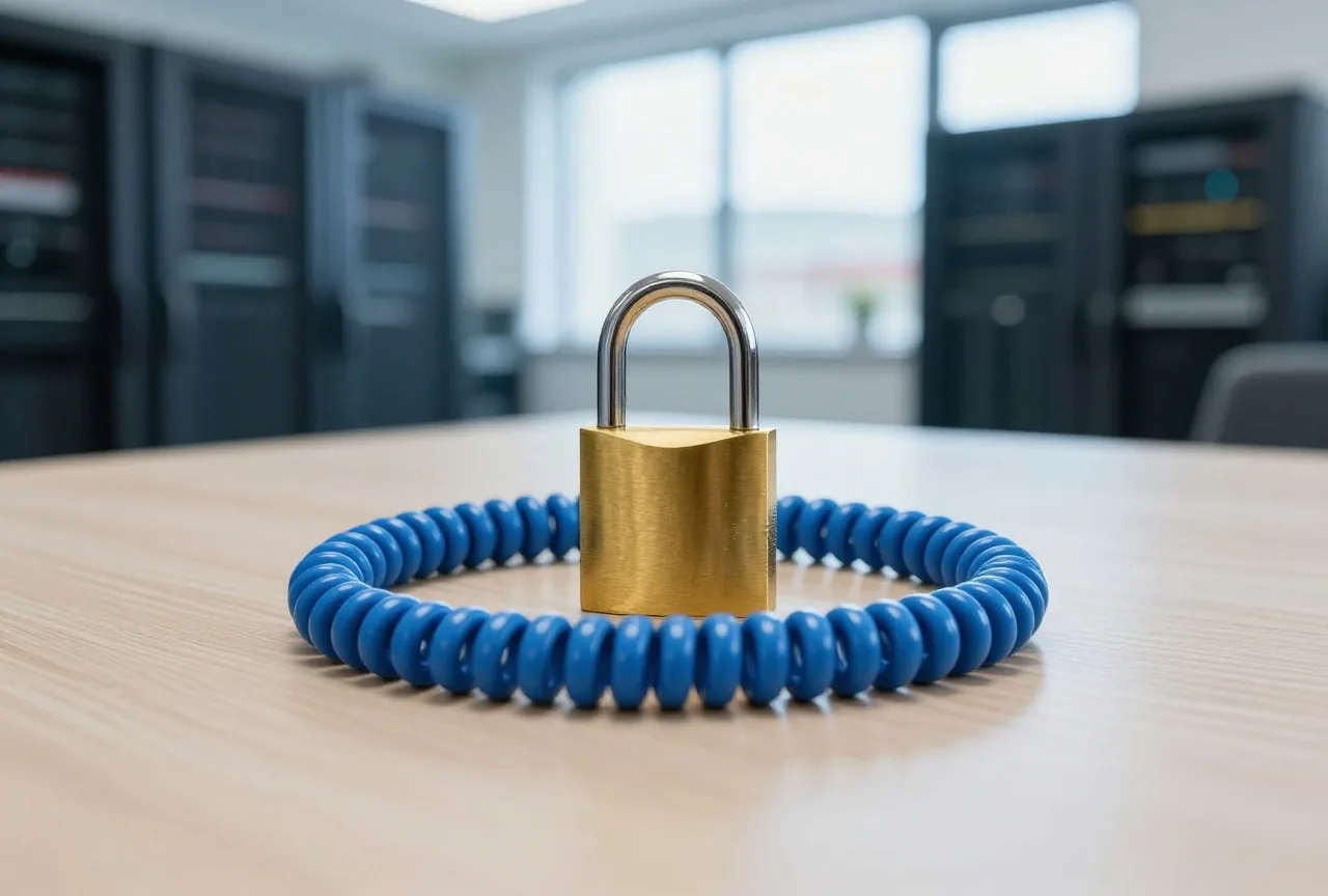 Geschlossenes Vorhängeschloss aus Messing liegt auf einem aufgerollten blauen Netzwerkkabel auf einem Holztisch