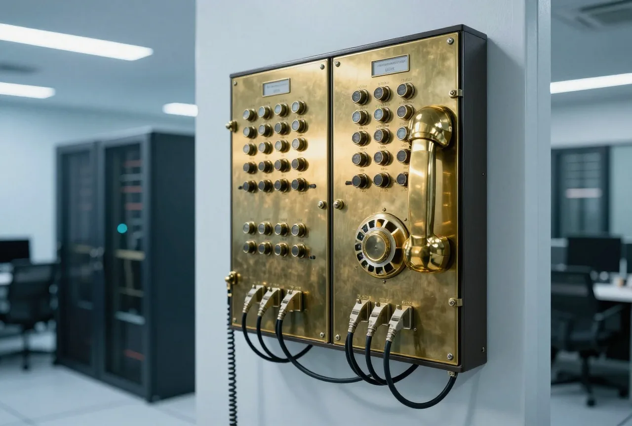 Eine alte Telefonvermittlung aus Messing mit vielen gesteckten Kabeln in einem dämmrigen Raum