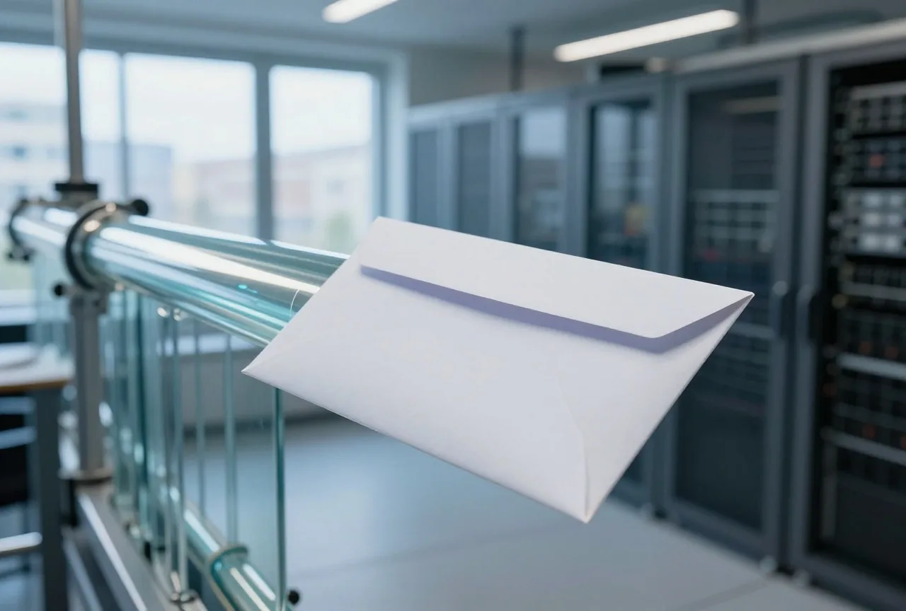 Verschlossener Umschlag in einer gläsernen Rohrpostanlage in einem alten Bürogebäude bei kühlem Morgenlicht