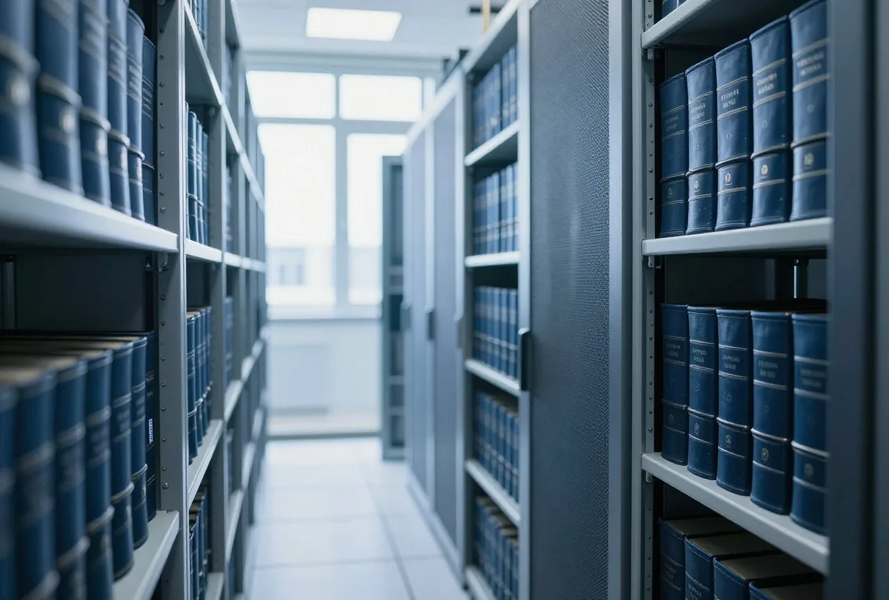 Lange Reihe dicker gebundener Register ohne Beschriftung in einem Archivregal bei Tageslicht