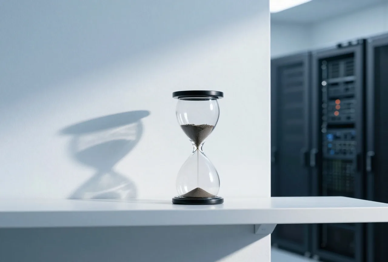 Leeres Kalenderblatt an der Wand und eine Sanduhr auf einem Regal in einem ruhigen Büro