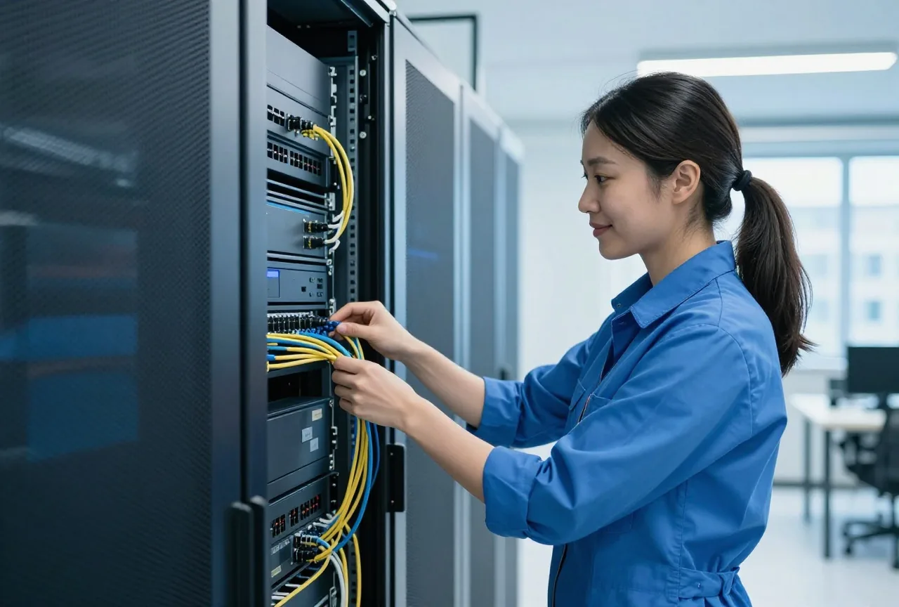 Technikerin um die dreißig prüft Kabel an einem offenen Serverschrank in einem blau beleuchteten Rechenzentrum