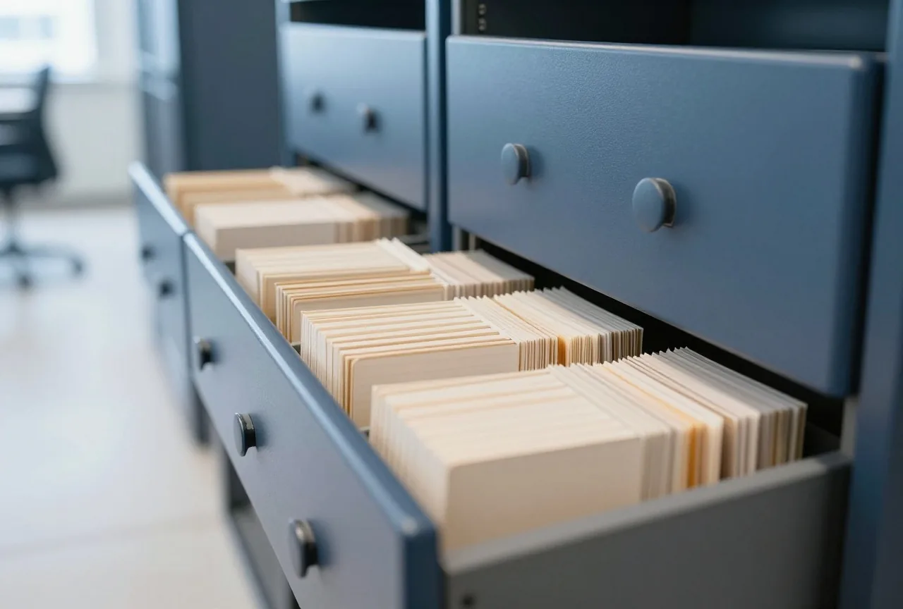 Herausgezogene Karteischublade in einer Bibliothek mit aufgereihten Karteikarten ohne lesbare Schrift
