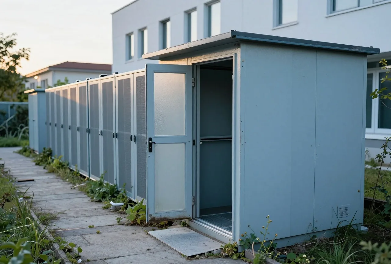Verlassener Gartenschuppen mit angelehnter Tür am Rand eines gepflegten Gartens, der Weg ist zugewachsen