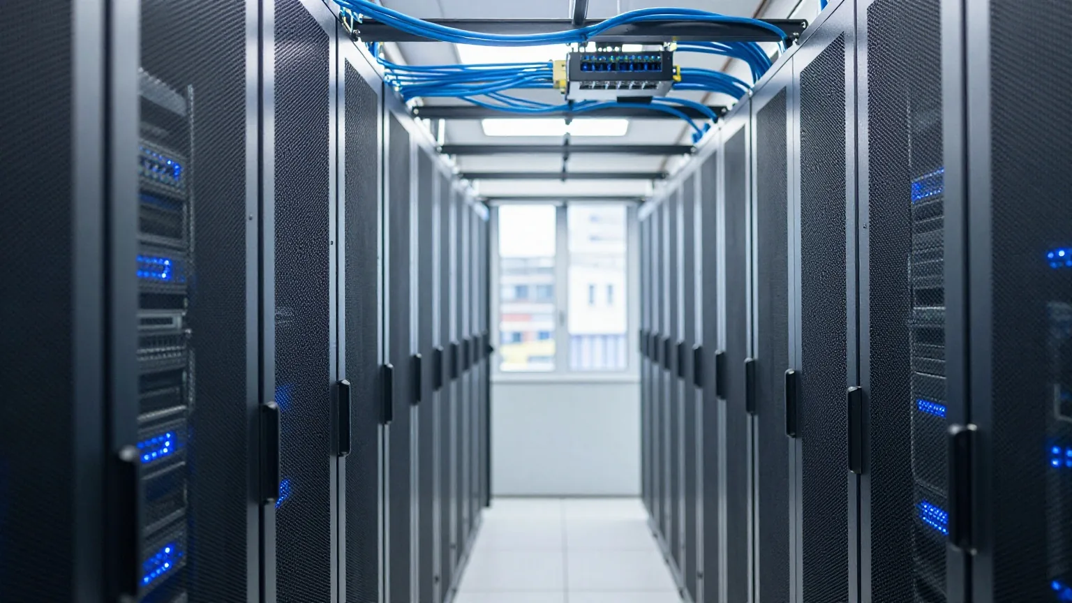 Gang in einem Rechenzentrum mit Serverschränken und blauen Netzwerkkabeln an der Decke