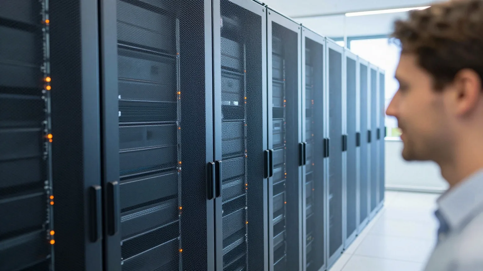 Reihe hoher Serverschränke in einem hellen Rechenzentrum mit orangefarbenen Lichtern