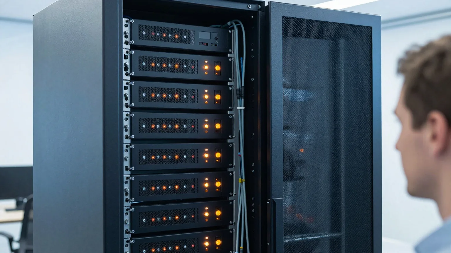Kompakter Serverschrank in einem hellen Rechenzentrum mit orangefarbenen Statuslichtern und ordentlicher Verkabelung