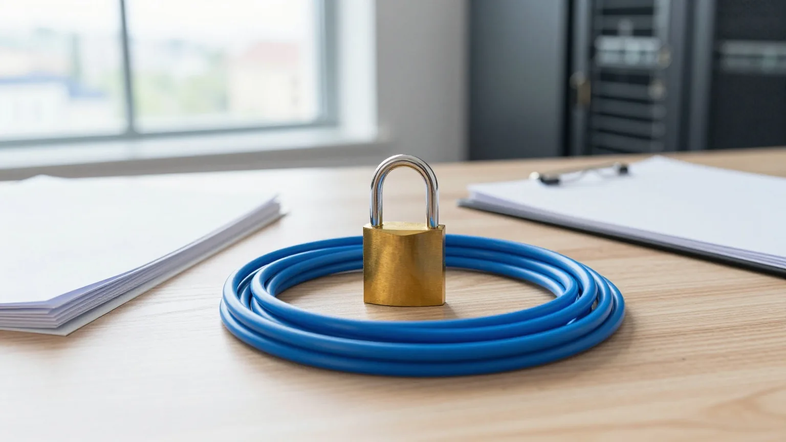 Messingschloss auf einem blauen Netzwerkkabel neben einer geschlossenen Mappe auf einem Holztisch
