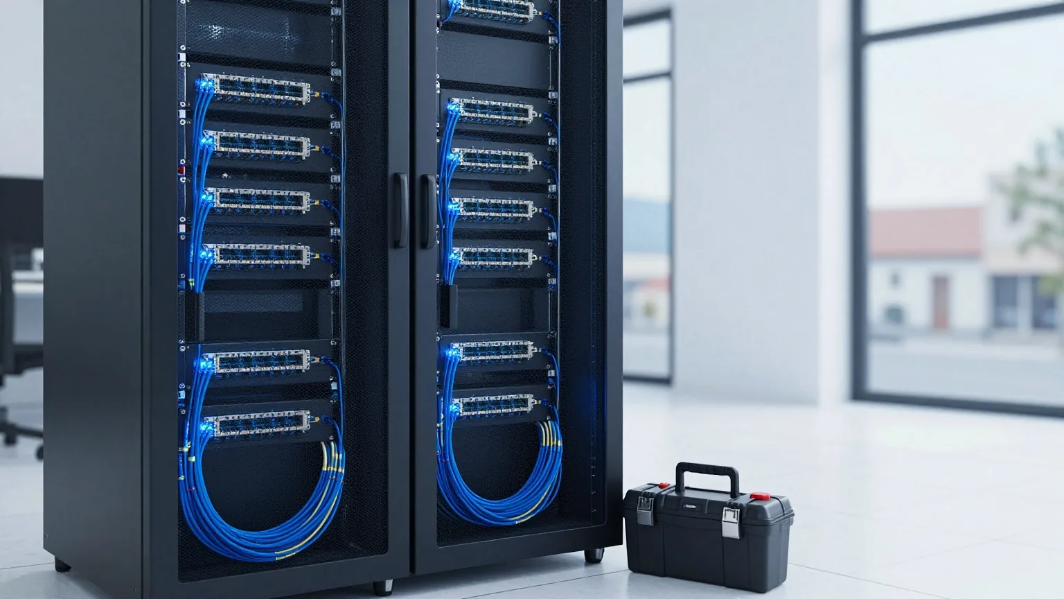 Kleiner Serverraum mit zwei offenen Racks und ordentlich gebündelten Netzwerkkabeln in kühlem blauem Licht