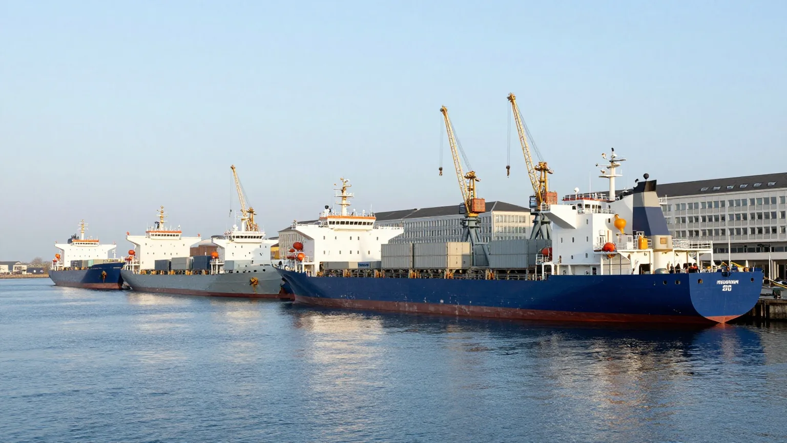 Mehrere Frachtschiffe liegen nebeneinander in einem großen Hafen bei Sonnenaufgang, im Hintergrund Kräne