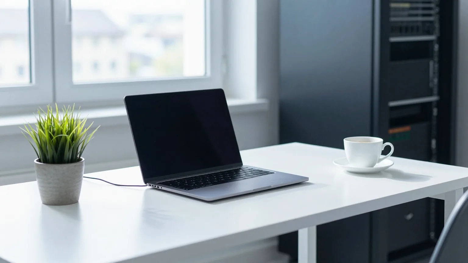 Aufgeräumter Schreibtisch im Morgenlicht mit zugeklapptem Laptop, Pflanze, Kaffeetasse und Netzwerkkabel