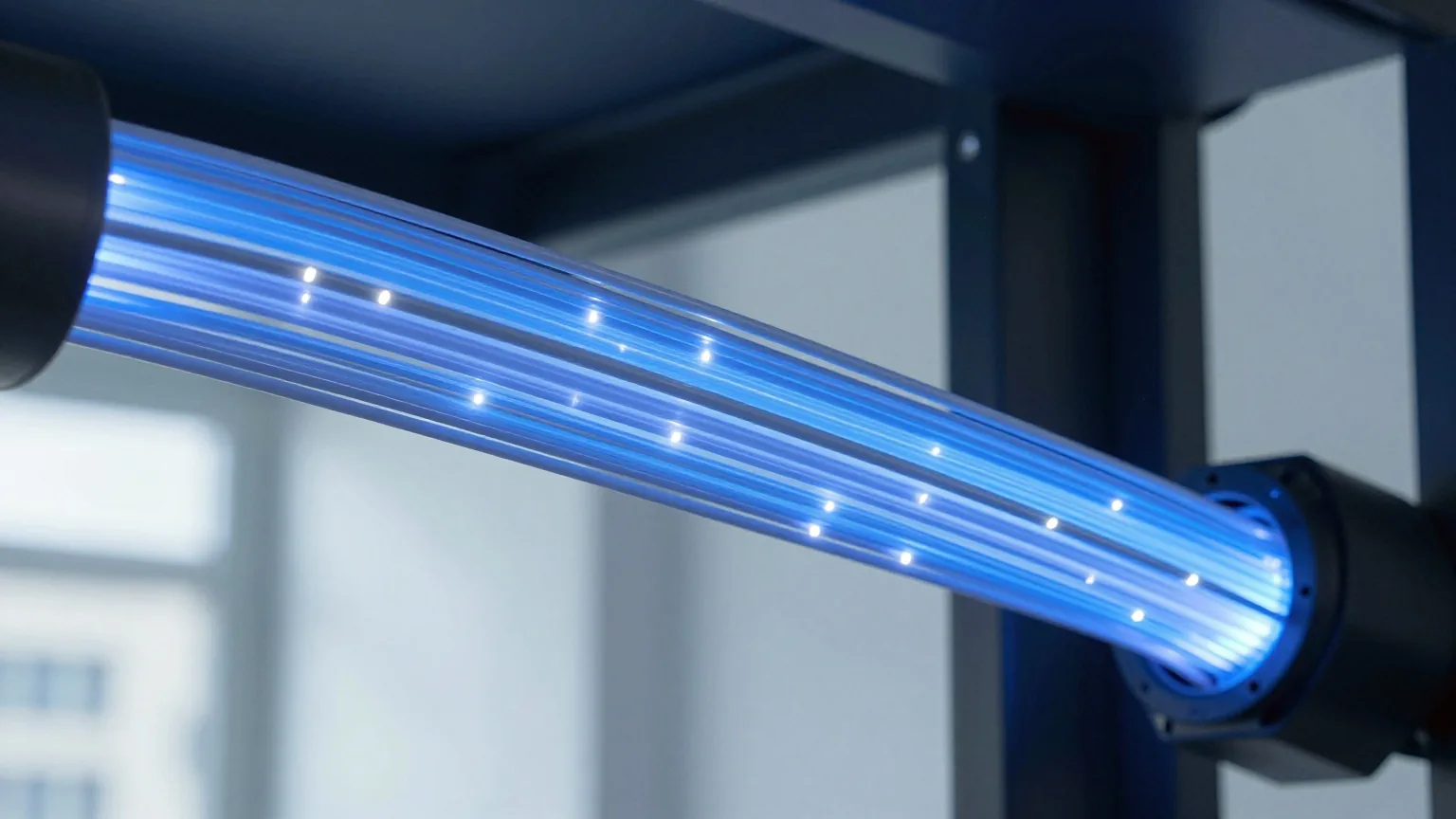 Bündel aus Glasfaserkabeln, das in einem dunklen Technikschacht blau und weiß leuchtet