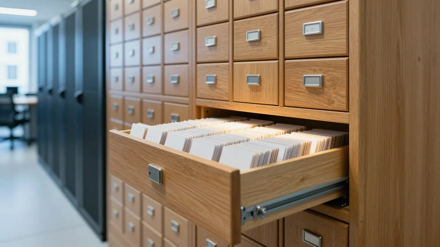 Alter Karteikasten aus Holz in einer ruhigen Bibliothek, eine Schublade mit leeren Karteikarten ist herausgezogen
