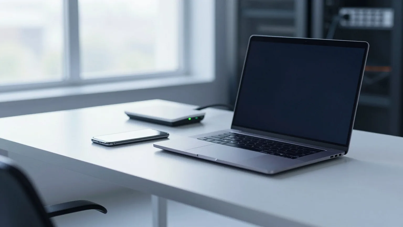 Schreibtisch im Arbeitszimmer mit zugeklapptem Laptop, umgedrehtem Smartphone und kleinem weißen Router
