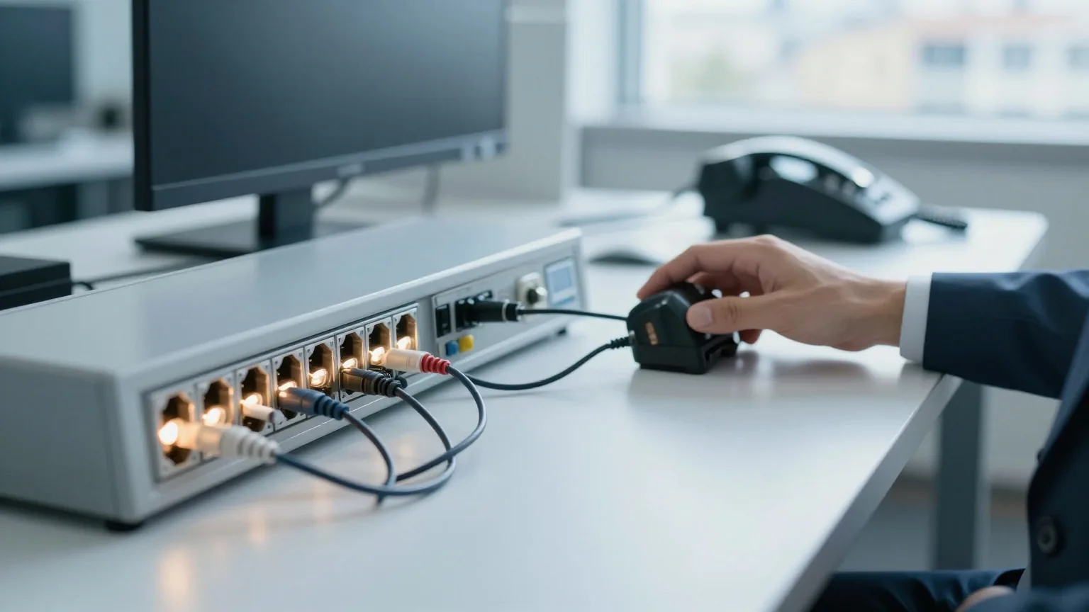 Alter Telefonvermittlungsplatz, Steckkabel werden in neue Buchsen umgesteckt, warmes Licht