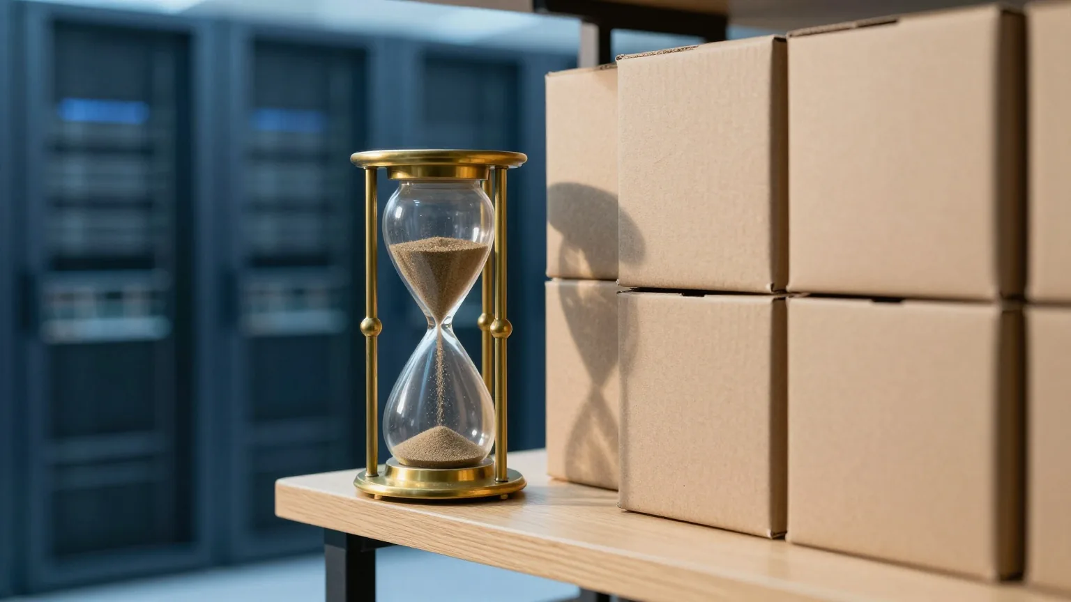 Eine Sanduhr aus Messing auf einem Holzregal neben schlichten Karteikästen, der Sand rinnt, warmes Licht